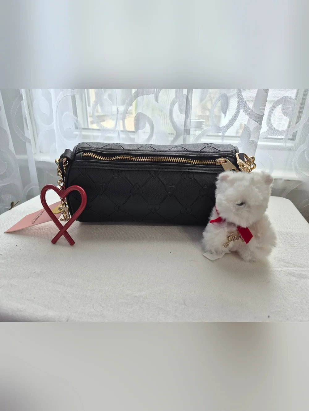 Juicy Couture Black Barrel Bag Heart Charm Teddy Keychain Y2K Crossbody NWT